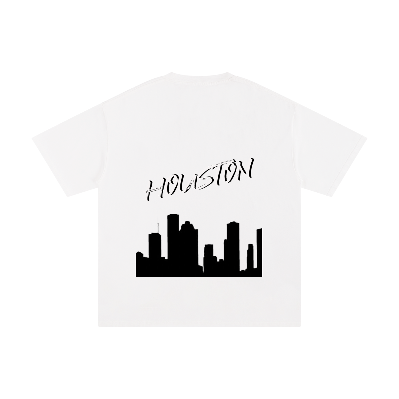 White t-shirt with black 'Houston' text and city skyline design on a white background